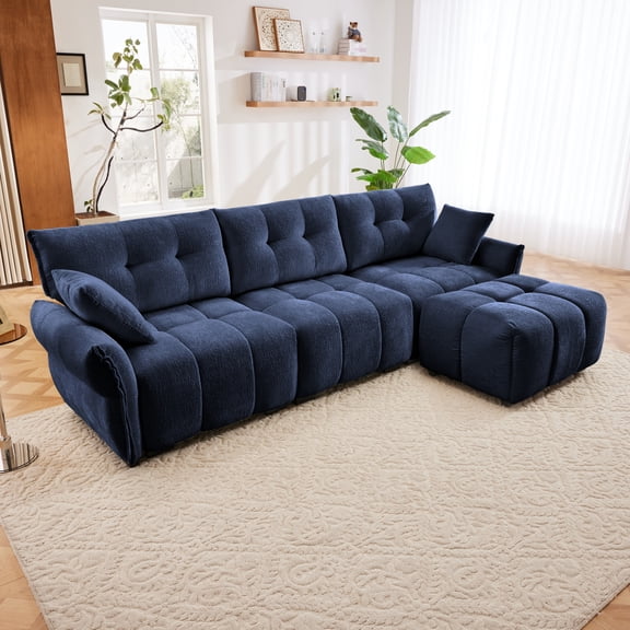 Blue 3-Seater Sofa Set with Ottoman, Textured Chenille Upholstery, Solid Wood Frame, High-Resilience Cushions