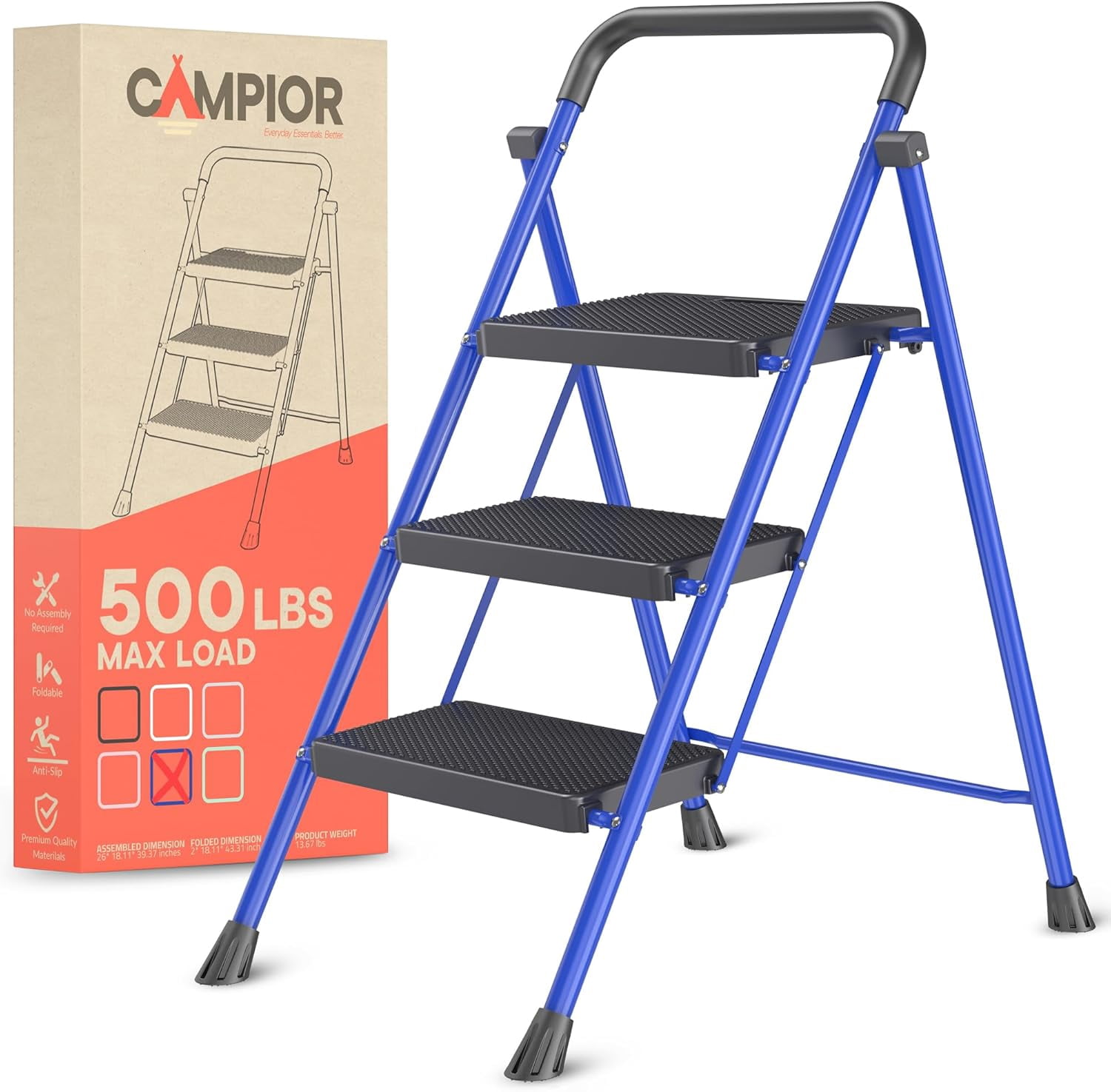 Blue 3 Step Stool Foldable – Heavy-Duty Foldable Step Stool for Adults, 500 lbs Capacity, Anti-Slip Feet & Wide Steps, Lightweight & Space-Saving Design for Home, Kitchen & Garage