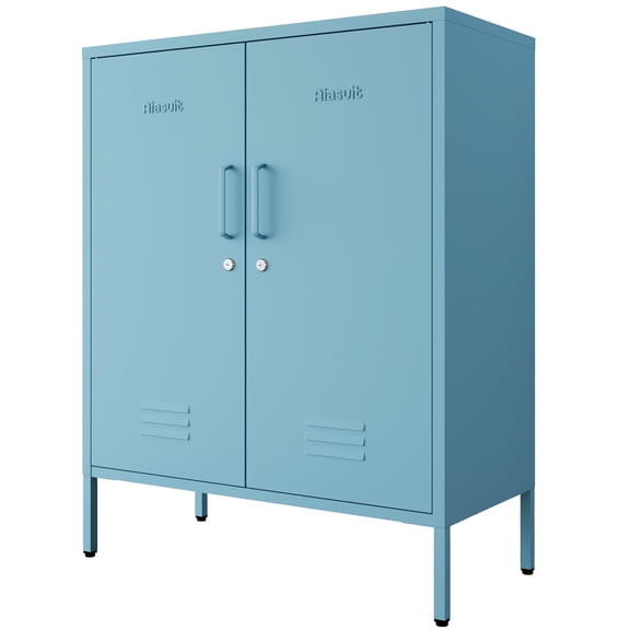 Blue 3 Tier Metal Storage Cabinet with Legs, Lockable 2 Door Metal Locker, Heavy Duty Multipurpose Accent Storage Cabinet with 2 Adjustable Shelves for Home, Office, Entryway and Hallway