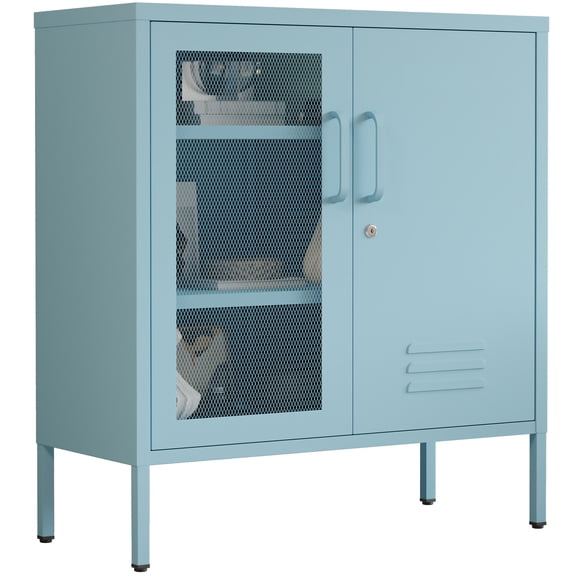 Blue 3 Tier Metal Storage Cabinet with LegsMetal Cabinet 2 Door Metal Locker Style Accent Cabinet with 2 Adjustable Shelves 33" Tall Steel Office Cabinet for Home, Office, Entryway and Hallway