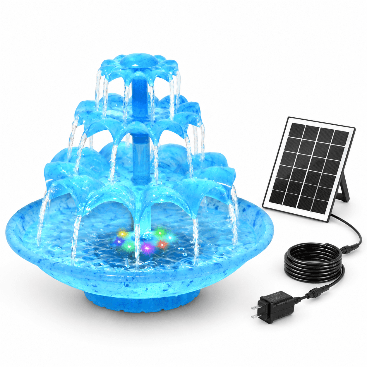 Blue 3-Tier Solar Fountain Pump with LED Lights, 32.8ft Cord, Adapter ...
