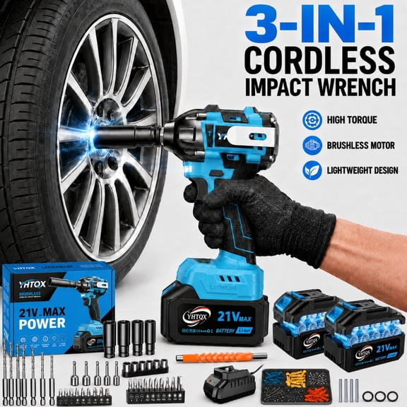 Blue 3-in-1 Cordless Hook Wrench with Dual 21V Batteries, Extended-Run Electric Tool for Garage and Workshop