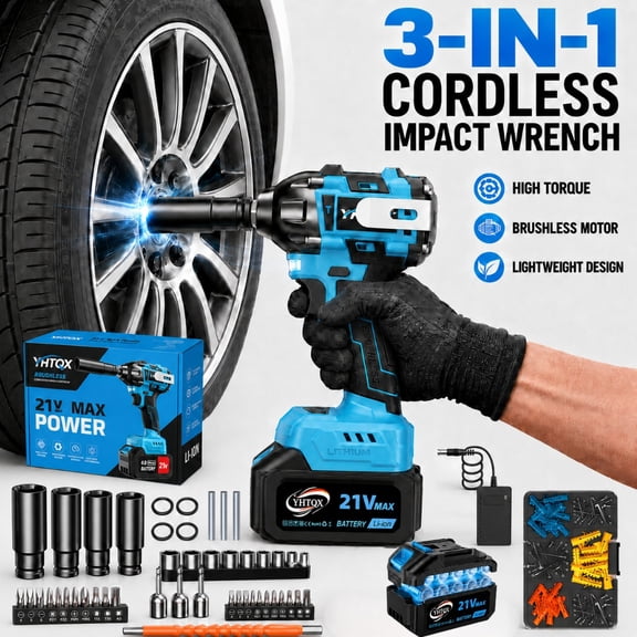 Blue 3-in-1 Hook Wrench Kit with Battery and Accessory Set, Versatile Electric Tool for Automotive and Household Use