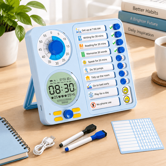 Blue 3-in-1 Visual Timer, Digital Clock, and Chore Chart Time Management Tool