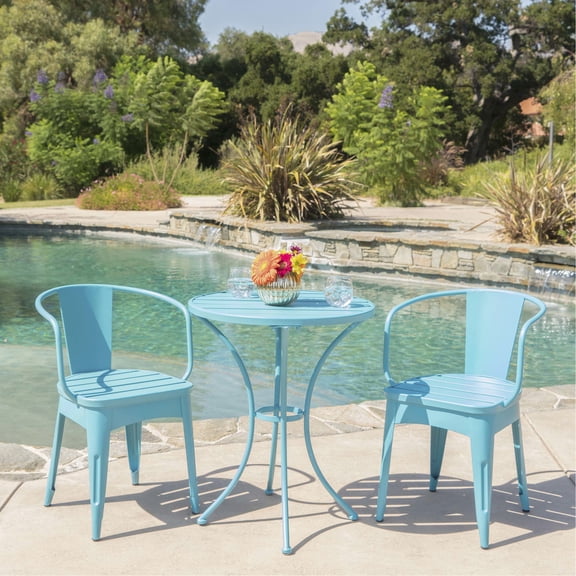 Blue 3-piece Outdoor Bistro Set / Powder-coated Iron for Longevity