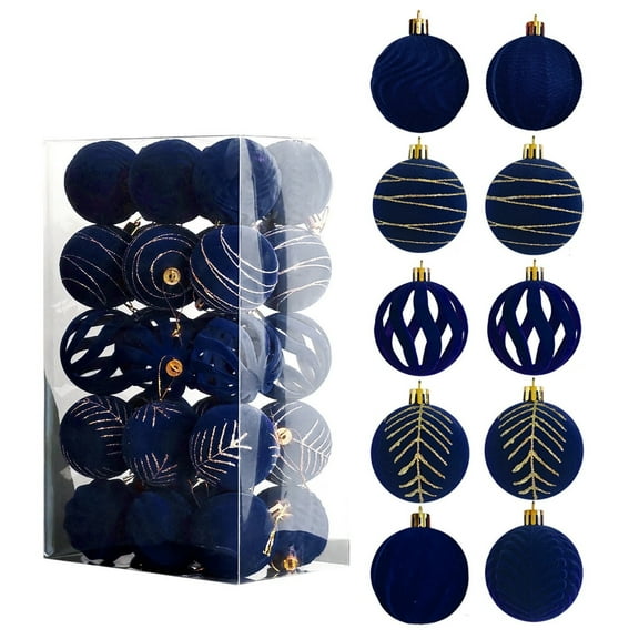 Blue 30 Pcs Velvet Flocked Christmas Ball Ornaments Set Plastic Hanging Decor For Xmas Tree Holiday Home Party Decoration 2.36 Inches 0.77 Pounds