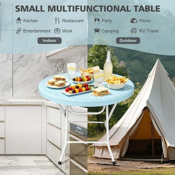 Blue 31.5 Inch Round FoldUp Bistro Cocktail Table, NoTool Portable Table for Outdoor Parties, Wedding Receptions, Cafs and Backyard Events