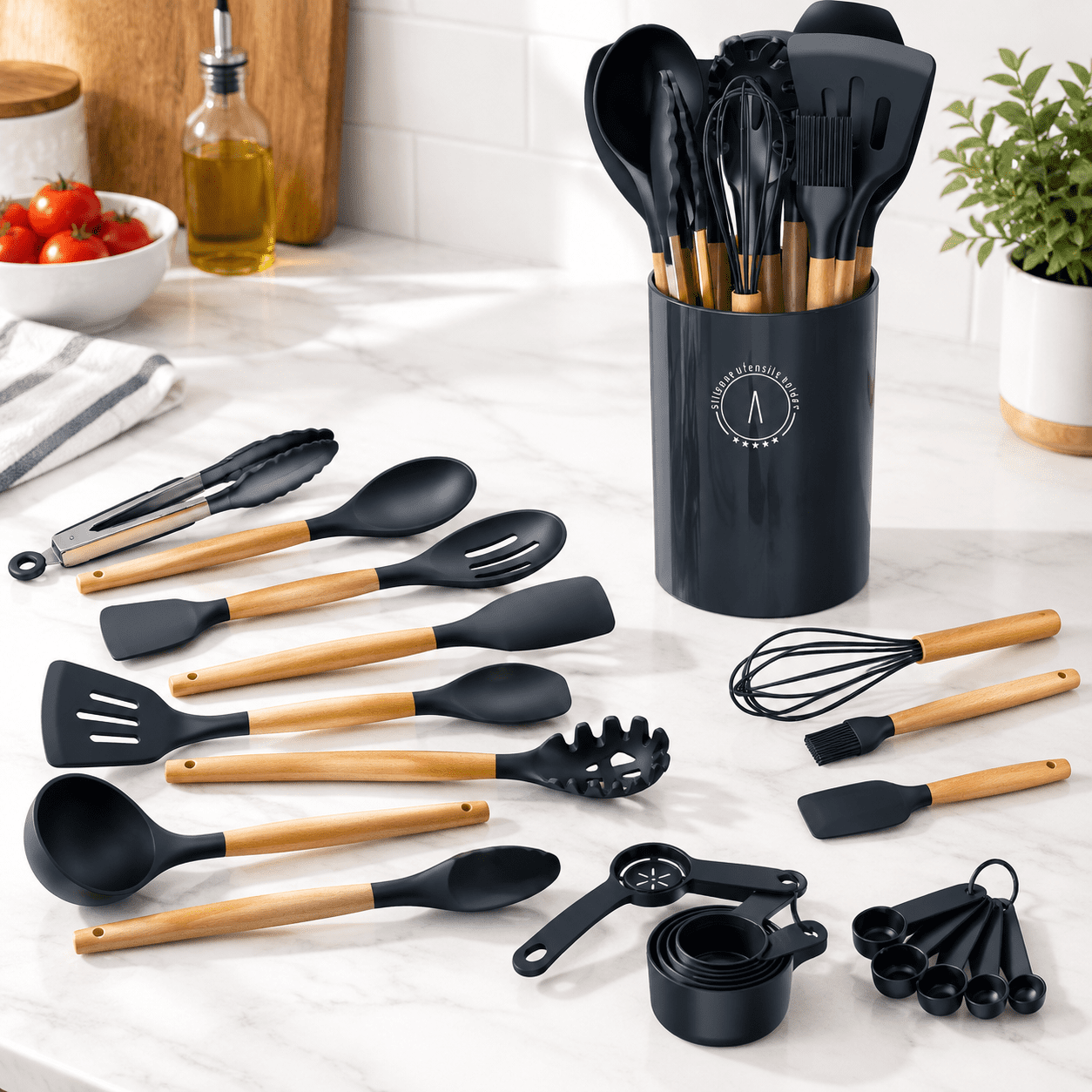 Blue 34-Piece Silicone Kitchen Utensil Set with Wood Handles, Heat ...