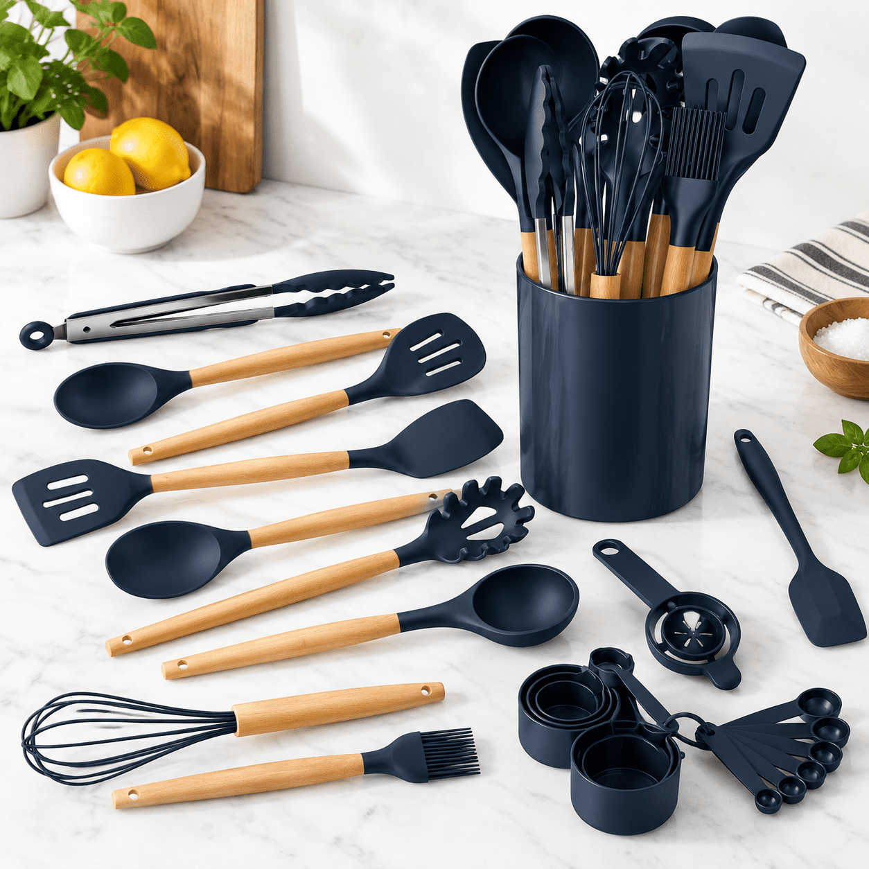 Blue 34-Piece Silicone and Wood Handle Kitchen Cooking Utensil Set ...