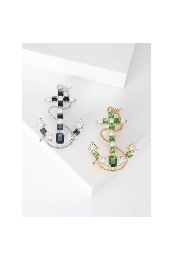 Blue 3411 Rhinestone Anchor Brooch Fashion Silver-Tone Pin With Simulated Pearls & Blue Stones For Women Unisex