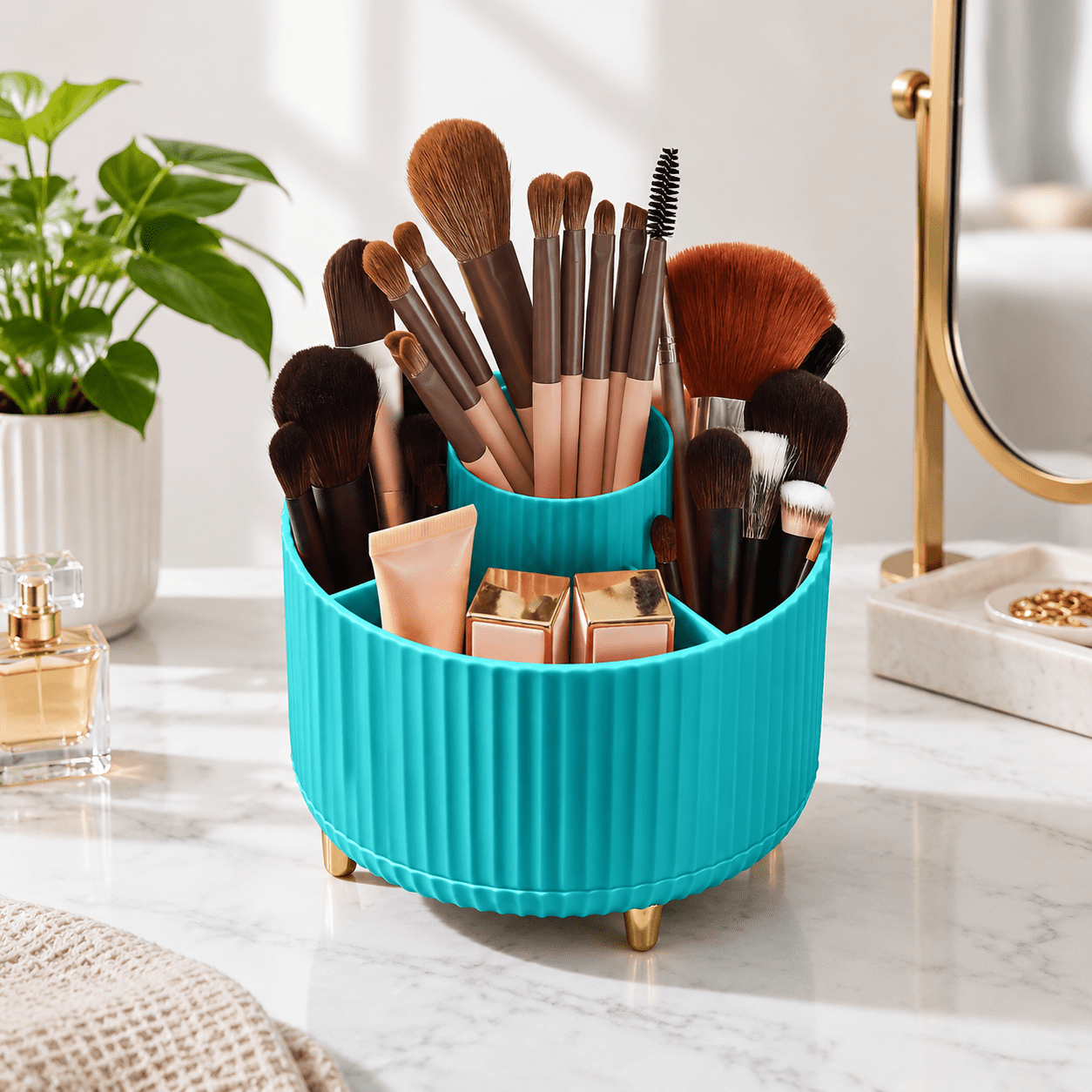 Blue 360 Rotating 5-Section Makeup Brush Organizer Countertop Swivel ...