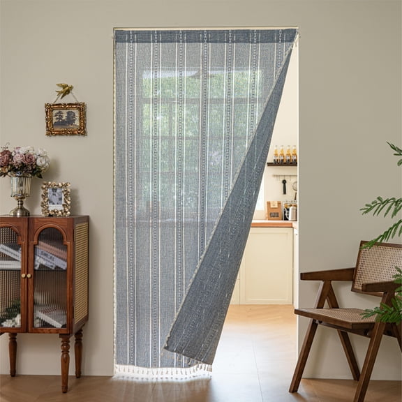 Blue 37"W x 80"L (Pack of 1) Semi Blackout Bohemian Tassel Embroidery Door Curtains