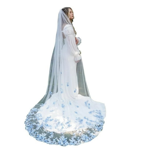 Blue 3D Flowers Floral Outdoor Wedding Bridal Veils With Comb Accessories White Tulle Forest Cathedral Long