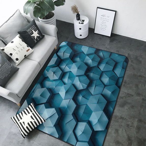 Blue 3D Hive Print Washable Rugs Area Rugs for Living Room Large Bedroom Kitchen Rug Non-Slip Low-Pile Entryway Rug Floor Mat Carpet for Dining Laundry Room Office Rug 80x58 inch