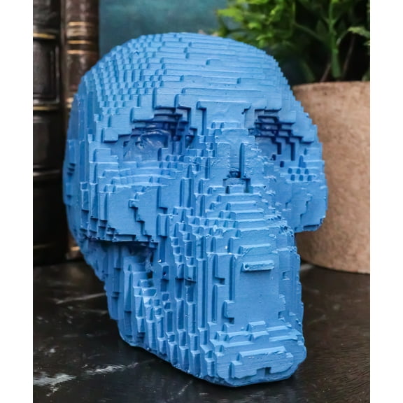 Blue 3D Pixel Skull Figurine 5"L Cubic Voxel Gamer Skull Skeleton Sculpture