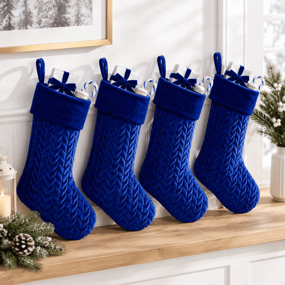 Blue 4-Count Cable Knit Christmas Stockings, 13.70 x 8.70 x 2.40 Inches
