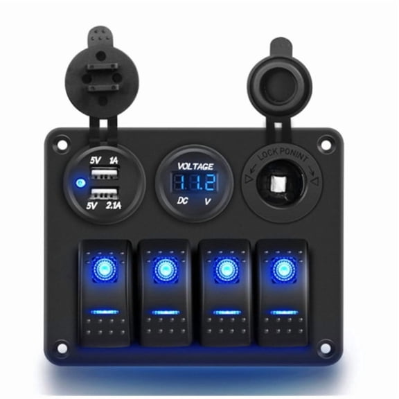 Blue 4 Gang Marine Boat Rocker Switch Panel, Waterproof Toggle Switch with Power Save for Truck RV, Voltmeter Charger Port Volt Power Outlet Cigarette Lighter Socket