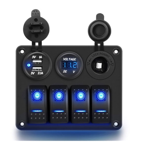 Blue 4 Gang Marine Boat Rocker Switch Panel, Waterproof Toggle Switch with Power Save for Truck RV, Voltmeter Charger Port Volt Power Outlet Cigarette Lighter Socket