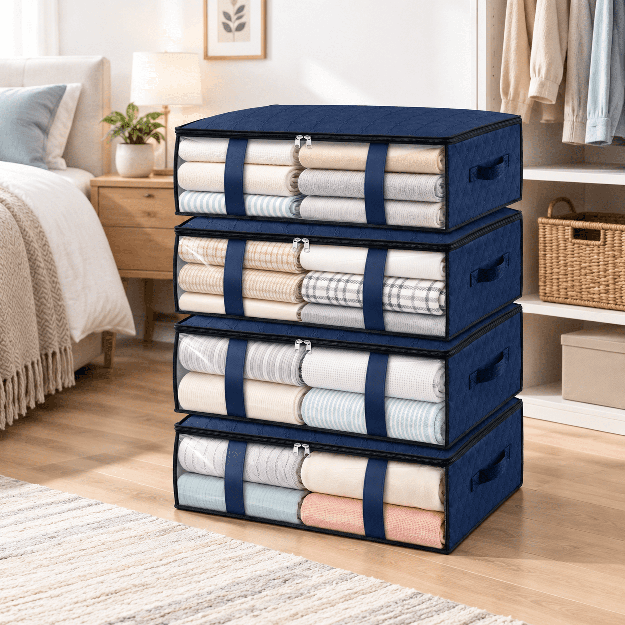 Blue 4 Pack 40L Foldable Fabric Storage Containers for Clothes and ...