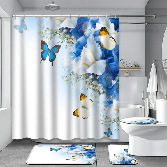 Yellow Black 4 Pcs Shower Curtain Sets with Rugs, Abstract Modern Bathroom Sets with Shower Curtain and Rugs, Geometric Bathroom Decor