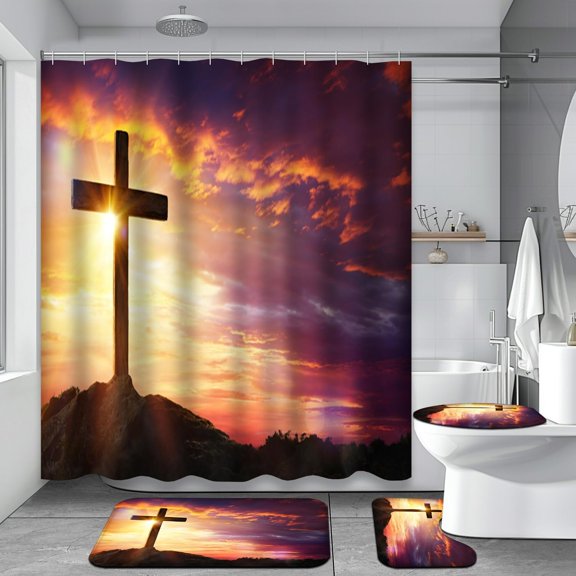 Blue 4 Pcs Shower Curtain Sets with Rugs, Sunset Bathroom Sets with Shower Curtain and Rugs, Ocean Bathroom Decor