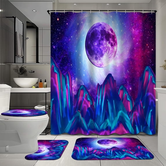 Blue 4 Pcs Shower Curtain Sets with Rugs, Sunshine Bathroom Sets with Shower Curtain and Rugs, Forest Bathroom Decor