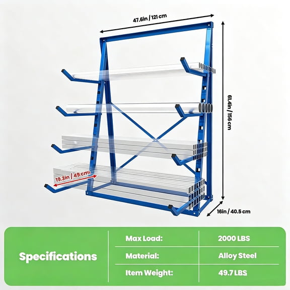 Blue 4 Tier Cantilever Storage Rack, 2000lbs Heavy Duty Lumber Rack, Horizontal Pipe Organizer Shelf for Basement Warehouse