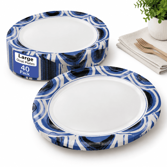 Blue 40 Count 12 x 10 Inch Oval Disposable Heavy Duty Paper Plates
