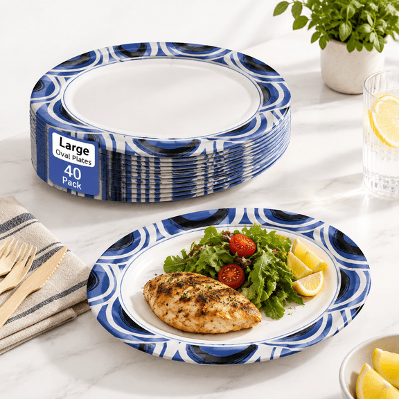 Blue 40 Count 12x10 Inch Oval Disposable Heavy Duty Paper Plates