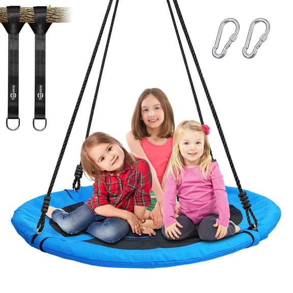 Blue 40 Inch Saucer Tree Swing, Supports 700 LBS, 900D Oxford Waterproof Swing with Steel Frame, Adjustable Ropes & 2 Tree Hanging Straps for Kids and Adults
