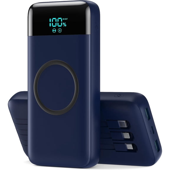 Blue 40800mAh Wireless Power Bank 3 Built-in Cables 25W PD QC4.0 for iPhone Android