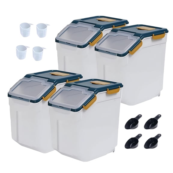 Blue 4Pack 25Lb Food Storage Canisters, Airtight Rice and Flour Storage Bins with Wheels
