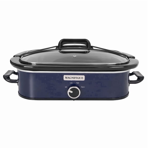 MAGNIFIQUE Blue 4 Quart Manual Slow Cooker with Ceramic Stoneware for Family Dinner, 3 Setting High/Low/Warm