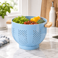 Colander Coated Blue 5.5 Quart Metal Colander with Wood Handle and Stable Base ...