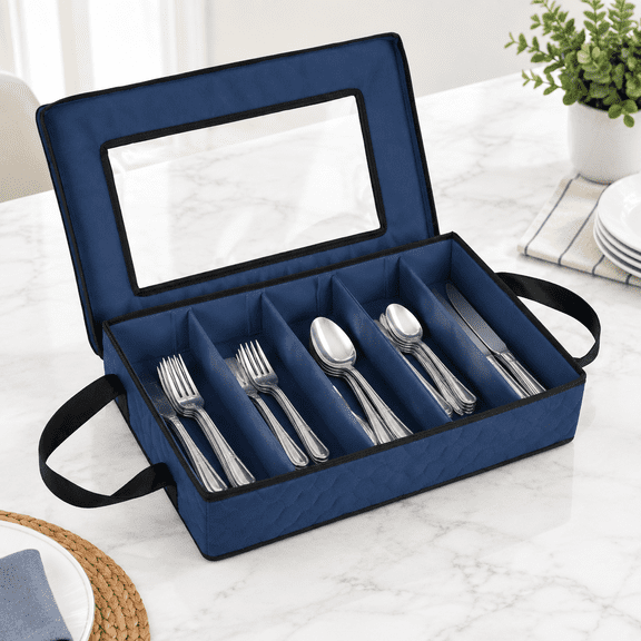 Blue 5-Compartment Flatware Storage Chest Utensil Organizer with Lid