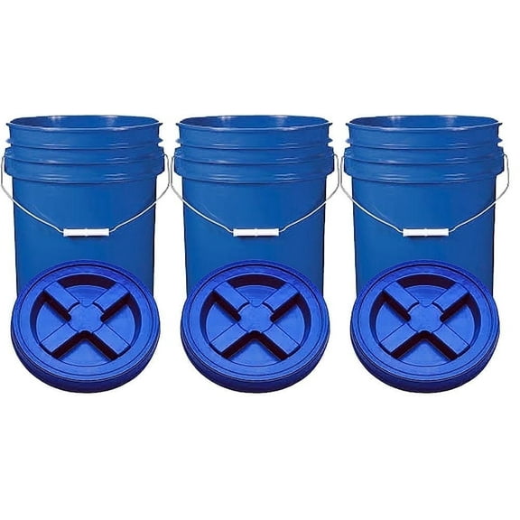 Blue 5 Gallon Plastic Buckets and Gamma Seal Lids Food Grade Combo 3 Pack