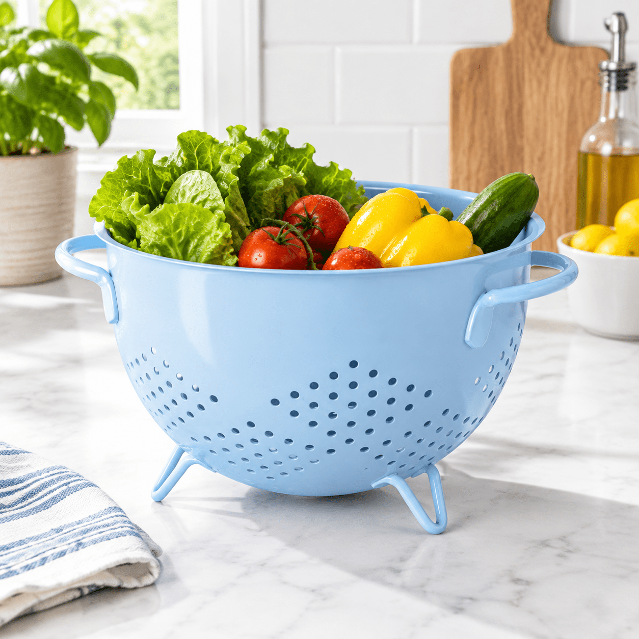 Blue 5 Quart Metal Powder Coated Colander with Base and Handles for ...