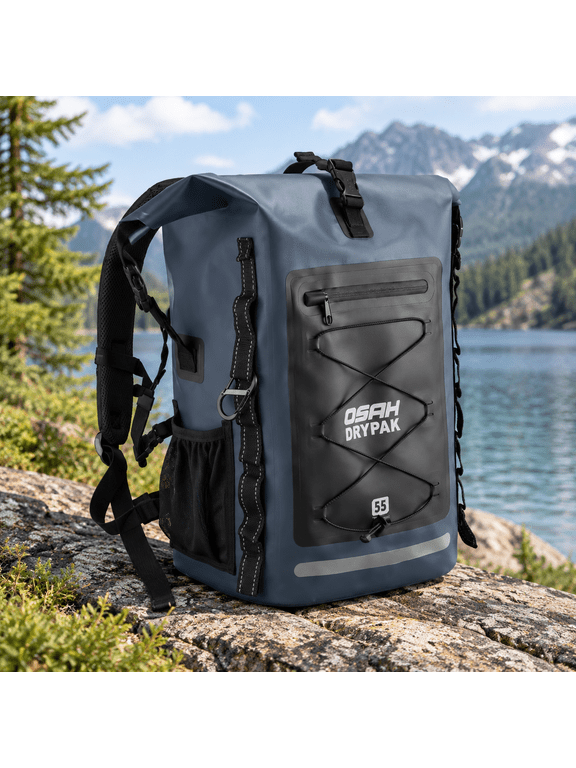 Blue 55L Heavy Duty Roll-Top Waterproof Backpacking Backpack for Hiking and Water Sports