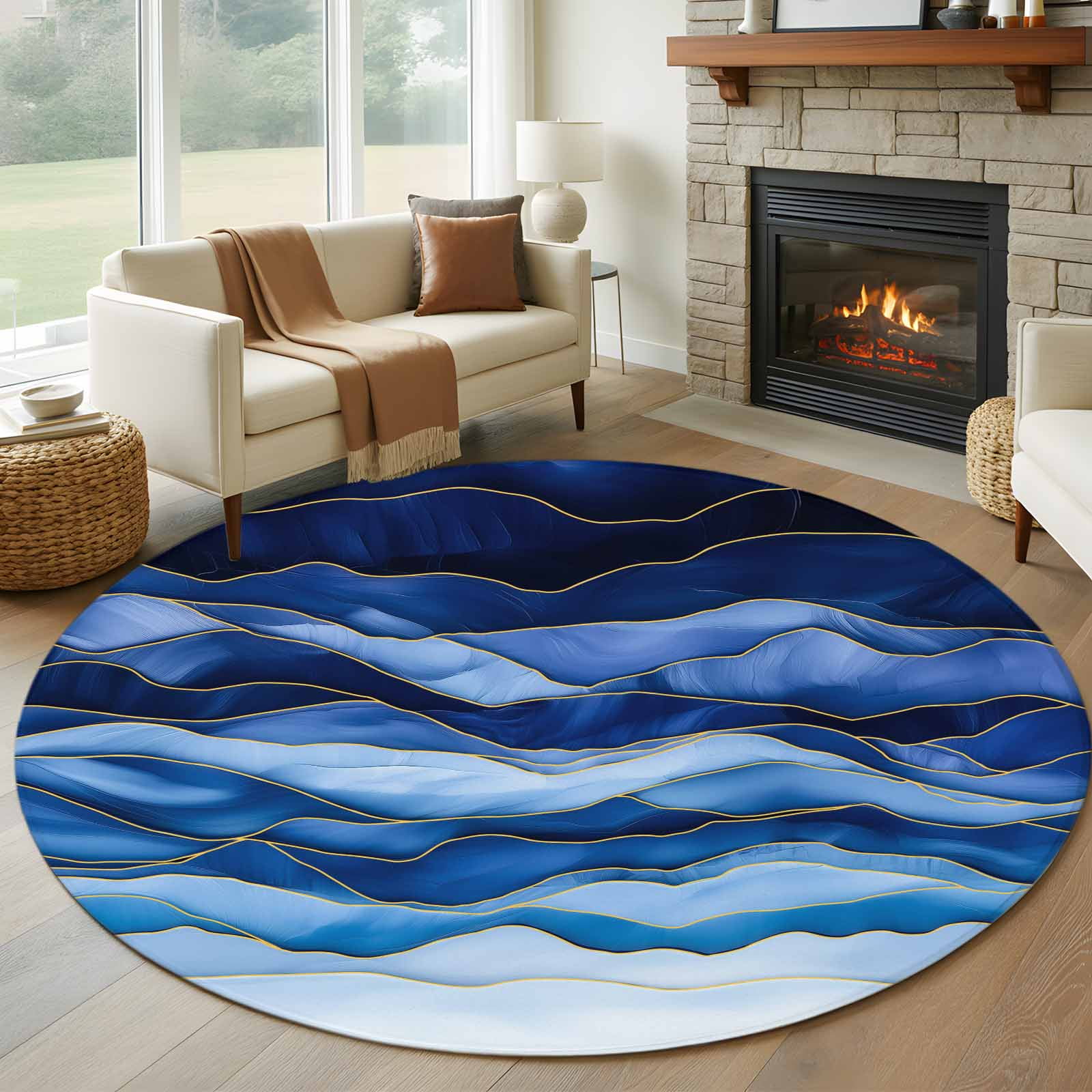Blue 5FT Round Area Rugs for Living Room 111 Gradient Ripple Abstract ...