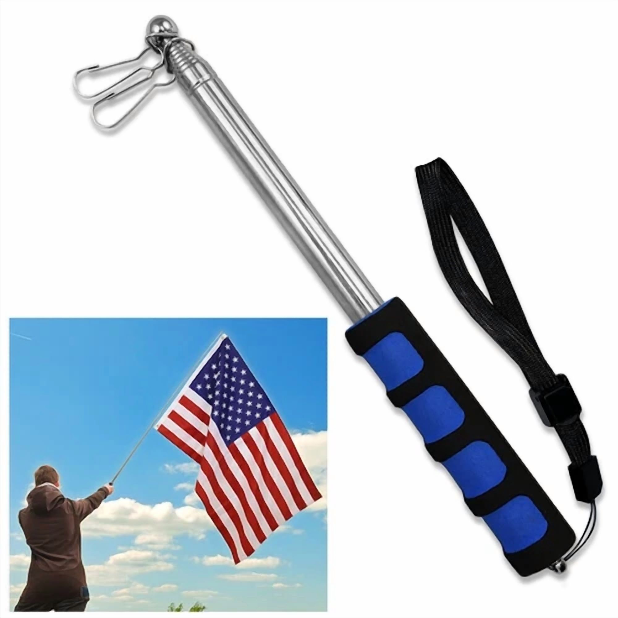 Blue 5Ft Compact Flag Pole 5Ft Hand Held Pole Collapsible Parade Tour Group Pole