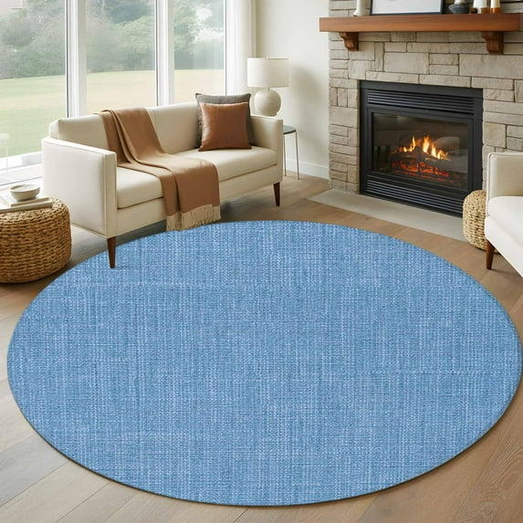 Blue 5ft Round Rug, Farmhouse Burlap Solid Blue Color Modern Linen Texture Non-Skid Rubber Backing Large Area Rugs - Living Room Bedroom Home Office, Indoor Floor Mat Carpets Washable Rug