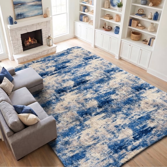 Pentantan 5ft x 8ft Shag Area Rug, Soft Fluffy Rugs for Living Room Bedroom, Modern Tie-dye Home Carpet, Blue