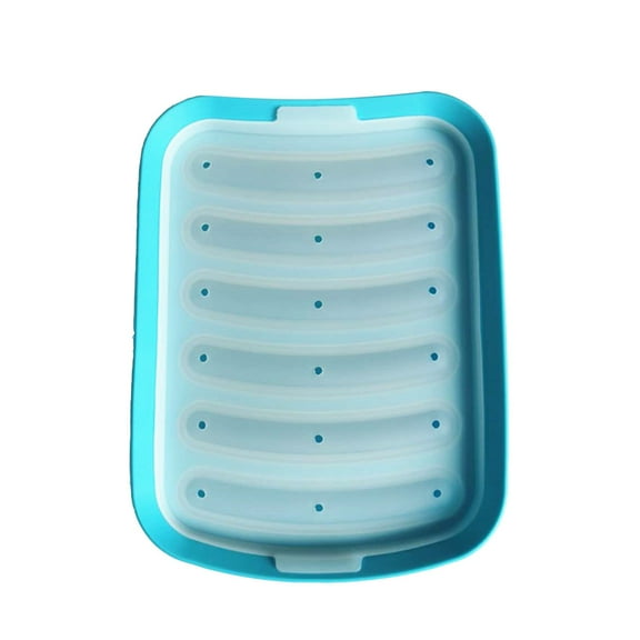 Blue 6 Compartment Silicone Sausage And Hot Dog Mold With Lid For Baking Cooking And Food Storage With High Temperature Resistance And Venting Design