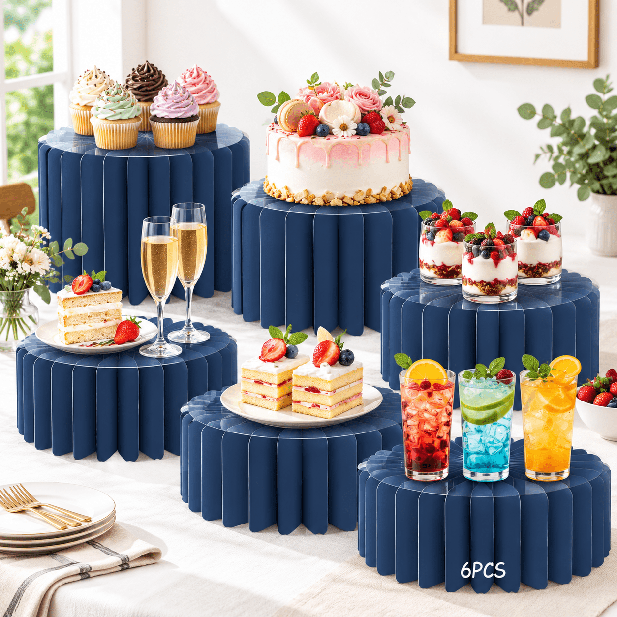 Blue 6 Count Foldable Cardboard Cake Display Stands for Party Catering ...