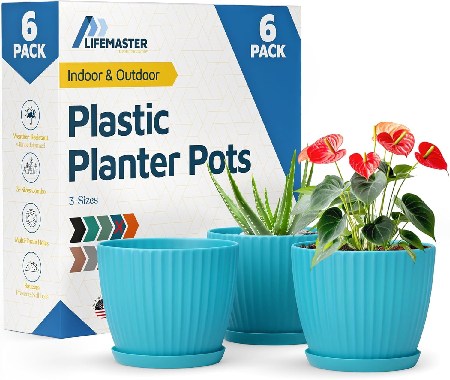 Blue 6-Inch Plant Pots with Drainage & Saucers 6 Pack, Indoor & Outdoor Planters for Houseplants, Herbs, and Flowers, Durable & Weatherproof Material, Stackable, Lightweight, Minimalist Design