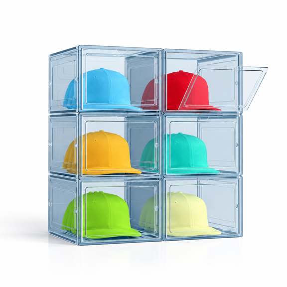 Blue 6 Pack Stackable Hat Organizer Boxes, Holds Up to 48 Total Baseball Caps