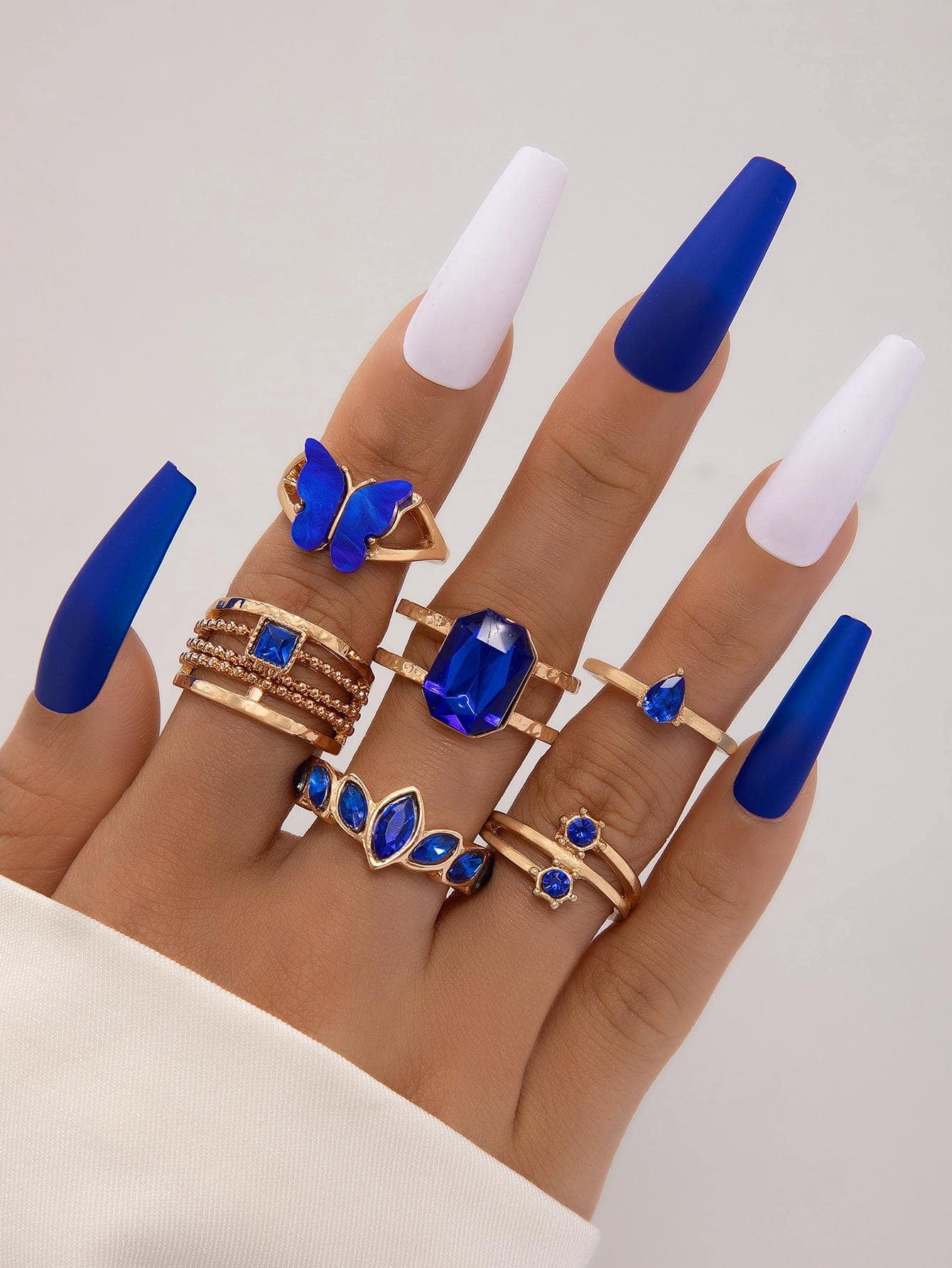 Blue 6-Piece Fashion Zinc Alloy Rhinestone & Butterfly Decor Ring Set ...