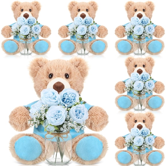 Blue 6 Set Shower Bear Centerpieces For Tables Mason-style Jars With Artificial Peonies And 's Breath