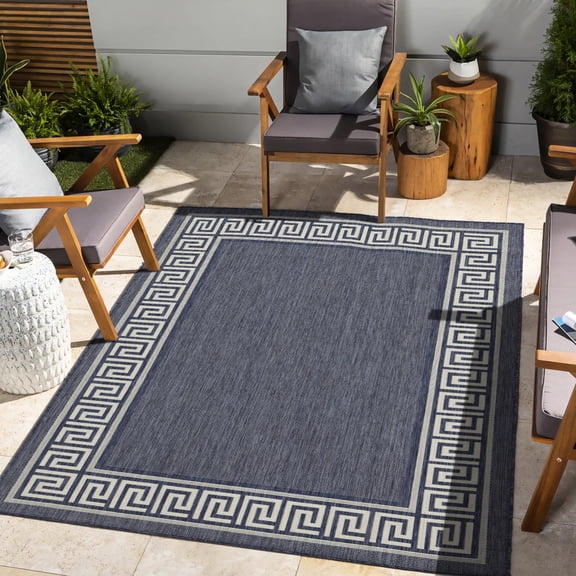 Blue 7 Ft. 10 In. X 3 Area Rug - Sunshine Gchar2001 Border Design For All Spaces Stain Polypropylene , Pet & Clean Easily With Sweep And Hose Made In Turkey For Indoor Outdoor Settings Safe Easy To