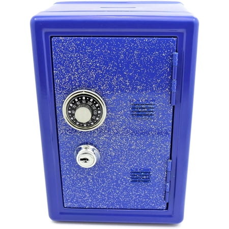 Blue 7" Glitter Locker Metal Safe Money Coin Bank with 2 Keys